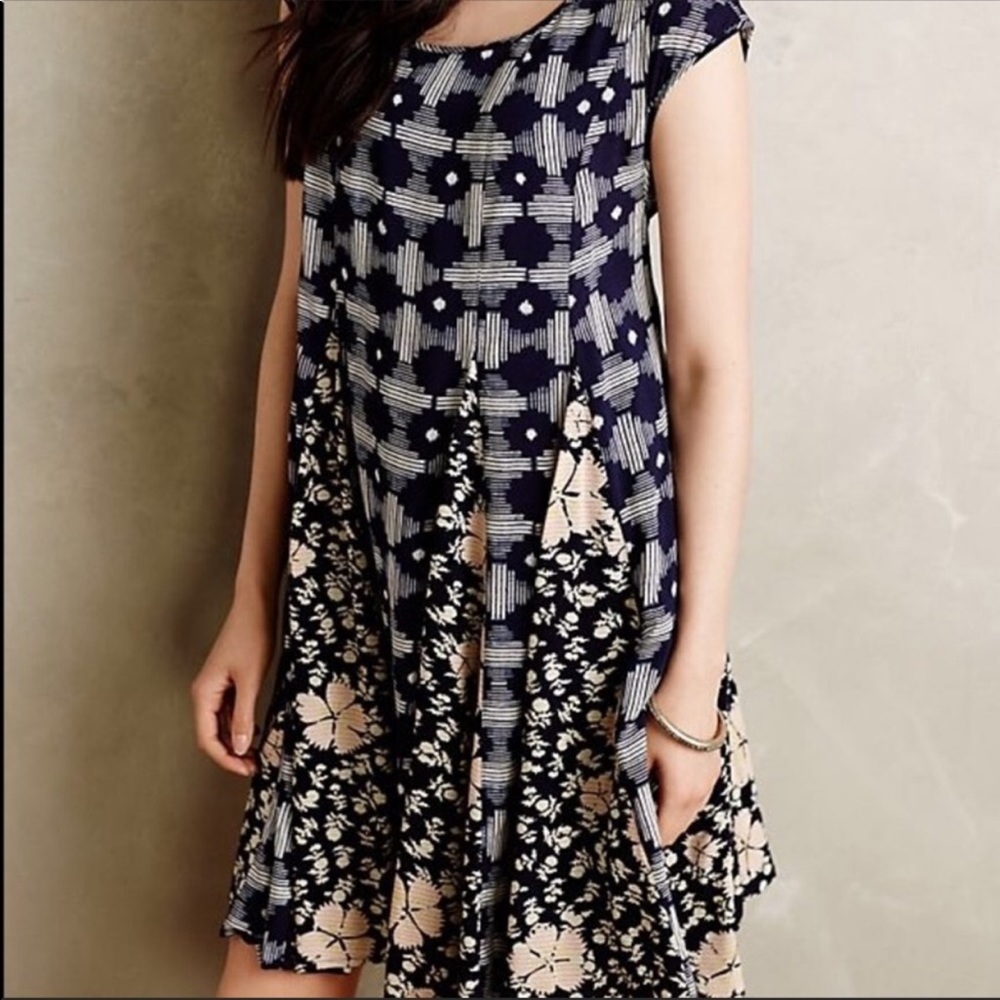 Anthropologie Maeve Indiga Tie Back Blue Patterned Swing Dress
